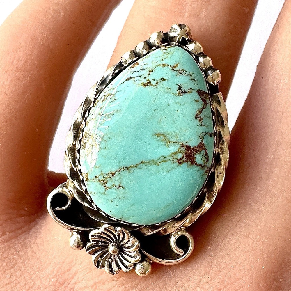 Native American‎ Turquoise Ring Sz 7 Pear Flower Signed Lewis Sterling Navajo